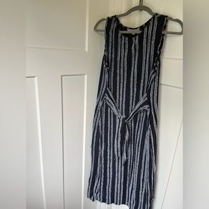 LOFT black striped midi dress with waist tie